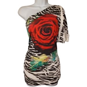 JANETTE PLUS Red Rose Floral Print Stripe One Shoulder Stretchy Top Large